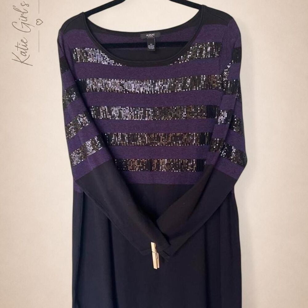 Alfani Woman Purple Black Sequin Stripe Tunic Sweater 2X Long Sleeve